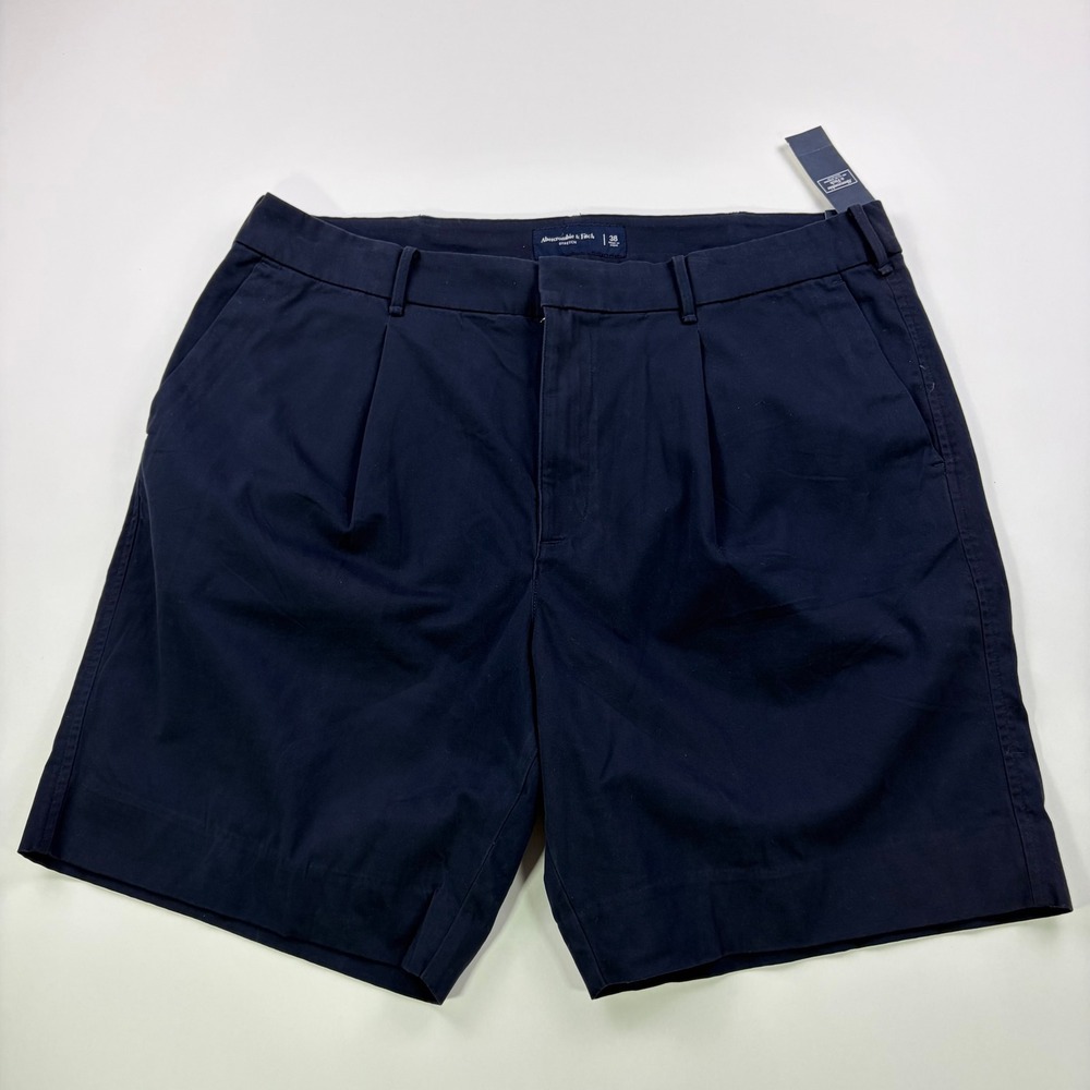 Abercrombie & Fitch Pleated Chino Shorts Mens 38 Navy Blue Stretch 8" Inseam NWT